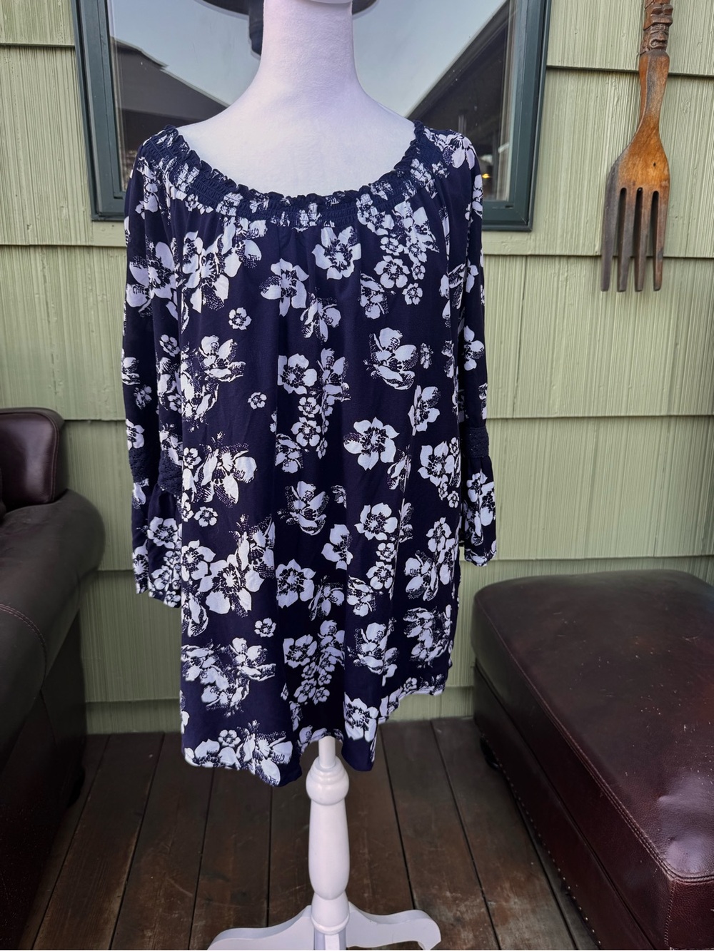 Faded Glory Navy and White Floral Off-Shoulder Top